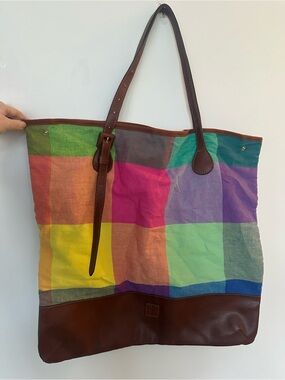 Liz Claiborne Linen Patchwork Tote | Large Beach Bag Leather Trim